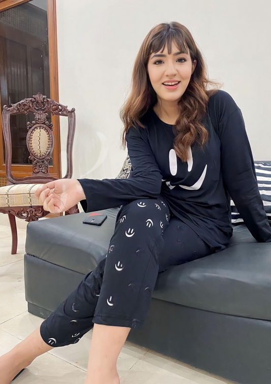Black Smiley Printed Full Sleeves T-Shirt with Black Smiley Printed Pajama (CN-PNW-002)