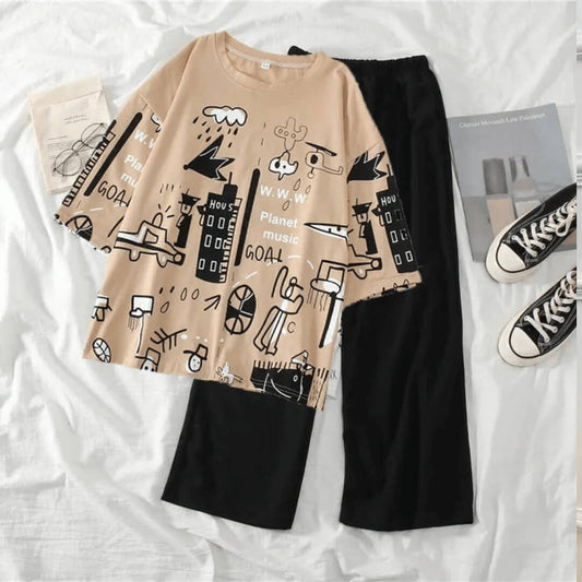 Skin Oversize Multi Printed Half Sleeves T-Shirt with Black Pajama (CN-PNW-033)
