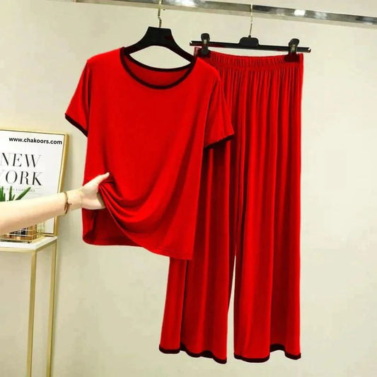 Red with Black Piping Style Half Sleeve T-Shirt with Palazzo Pajama (CN-NW-013)