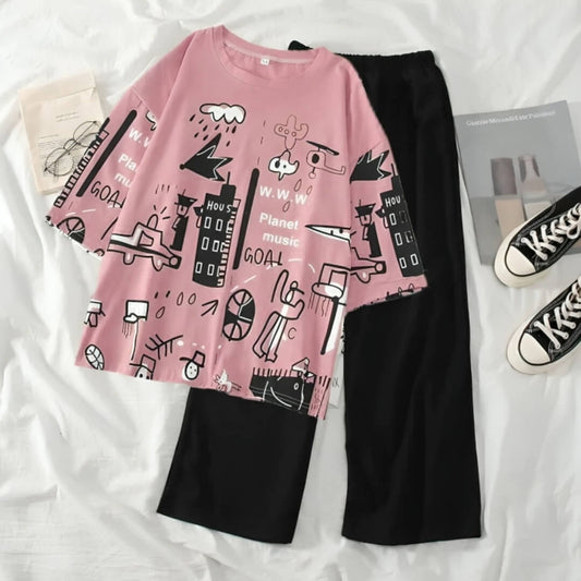 Baby Pink Oversize Multi Printed Half Sleeves T-Shirt with Black Pajama (CN-PNW-035)