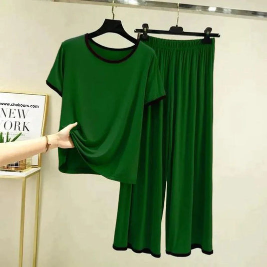 Dark Green with Black Piping Style Half Sleeve T-Shirt with Palazzo Pajama (CN-NW-014)