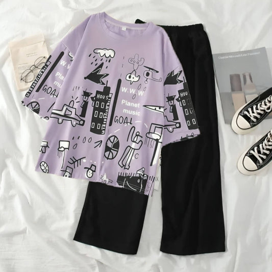 Lilac Oversize Multi Printed Half Sleeves T-Shirt with Black Pajama (CN-PNW-034)