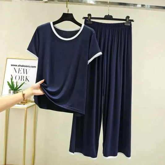 Navy Blue with White Piping Style Half Sleeve T-Shirt with Palazzo Pajama (CN-NW-015)