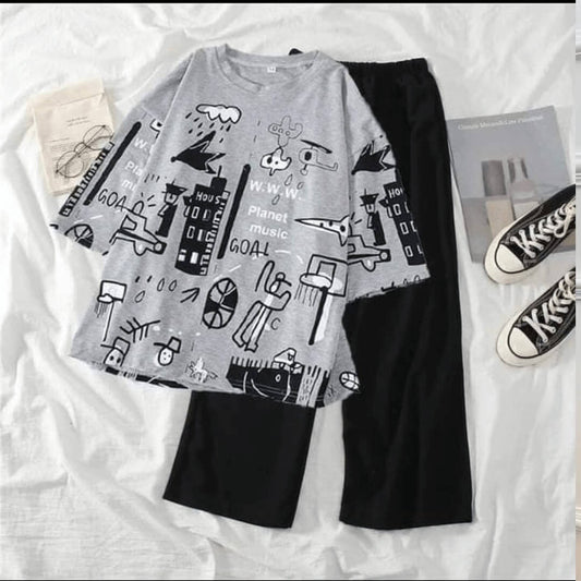 Grey Oversize Multi Printed Half Sleeves T-Shirt with Black Pajama (CN-PNW-032)