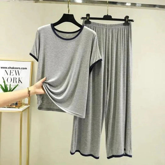 Light Grey with Black Piping Style Half Sleeve T-Shirt with Palazzo Pajama (CN-NW-016)