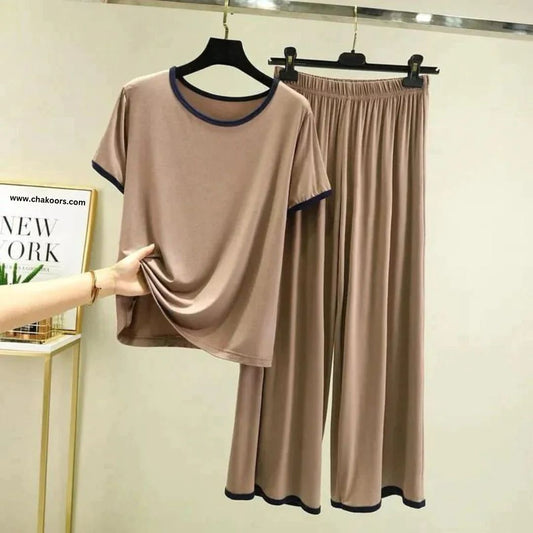 Beige with Black Piping Style Half Sleeve T-Shirt with Palazzo Pajama (CN-NW-018)
