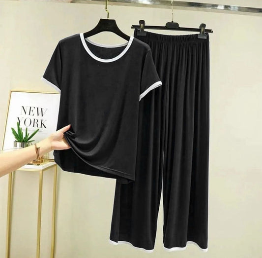Black with White Piping Style Half Sleeve T-Shirt with Palazzo Pajama (CN-NW-019)