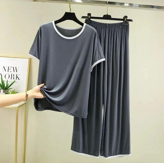 Dark Grey with White Piping Style Half Sleeve T-Shirt with Palazzo Pajama (CN-NW-017)