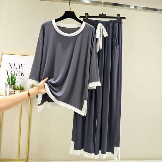 Dark Grey with White Round Neck T-Shirt with Flapper Pajama (CN-NW-022)