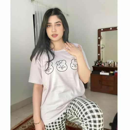 Lilac Bears Printed Half Sleeves T-Shirt with Cheq Printed Pajama (CN-PNW-017)