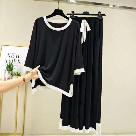 Black with White Round Neck T-Shirt with Flapper Pajama (CN-NW-024)