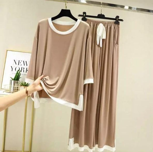 Beige with White Round Neck T-Shirt with Flapper Pajama (CN-NW-023)