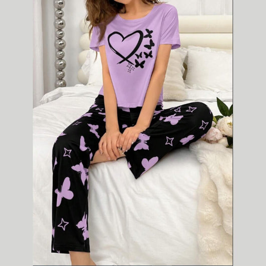 Lilac with Black Heart Butterflies Printed Half Sleeves T-Shirt with Lilac Butterflies Printed Pajama (CN-PNW-029)