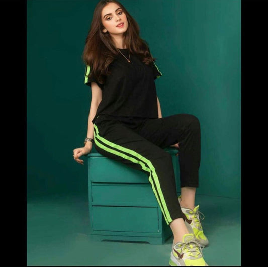 Black with Green Double Stripe Half Sleeves Tracksuit ( CN-TS-002 )