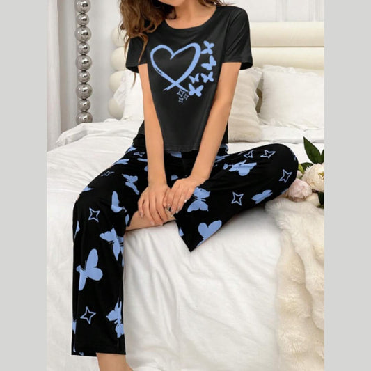 Black with Blue Heart Butterflies Printed Half Sleeves T-Shirt with Blue Butterflies Printed Pajama (CN-PNW-030)