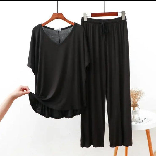 Black Half Sleeves V-Neck Shirt with Pajama (CN-NW-024)