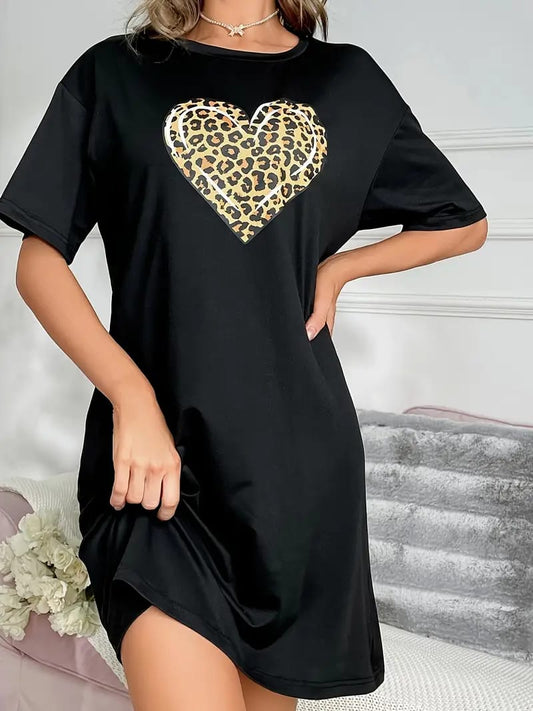 Black with Cheetah Heart Printed Long Tee ( CN-LPT-007 )