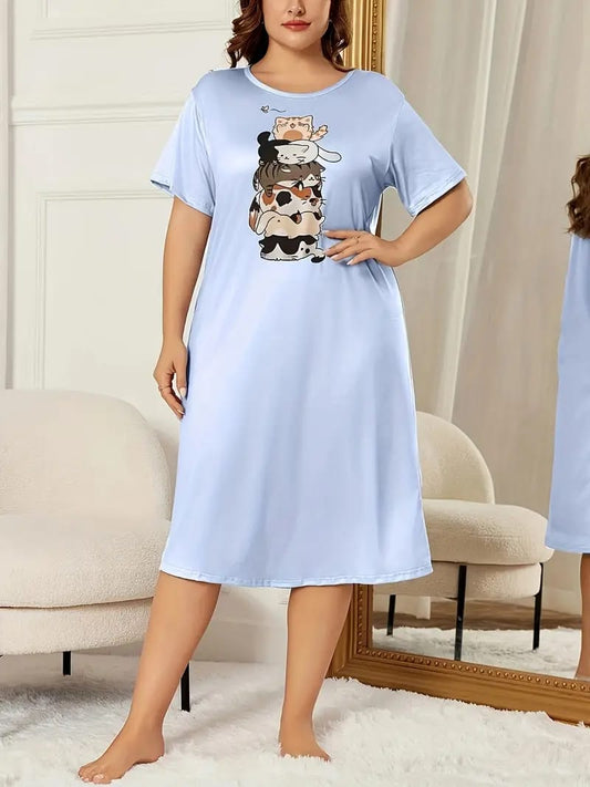 Ice Blue Happy Cats Printed Long Tee ( CN-LPT-012 )