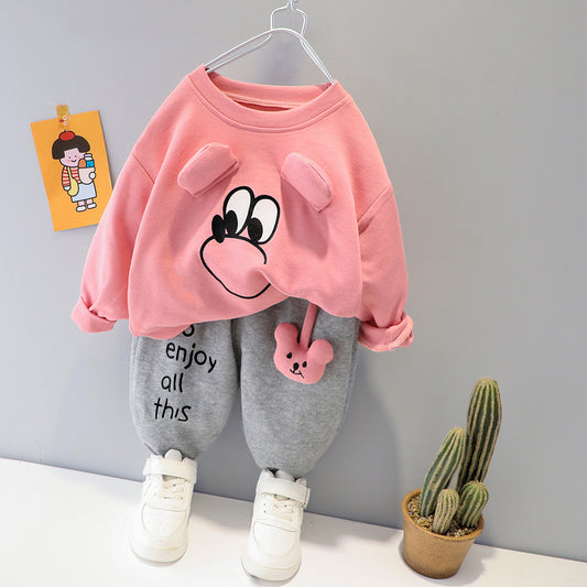 Baby Pink Mouse Printed Sweatshirt with Grey Printed Trouser For Kids ( CN-KTS-001 )