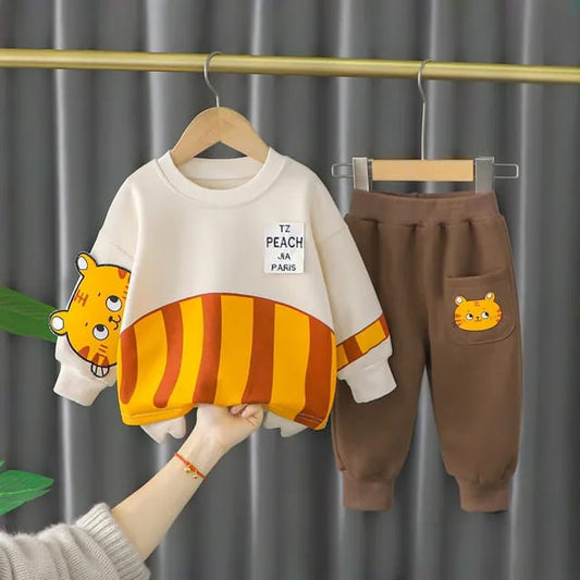 Off White Tiger Printed SweatShirt with Brown Printed Trouser For Kids ( CN-KTS-006 )