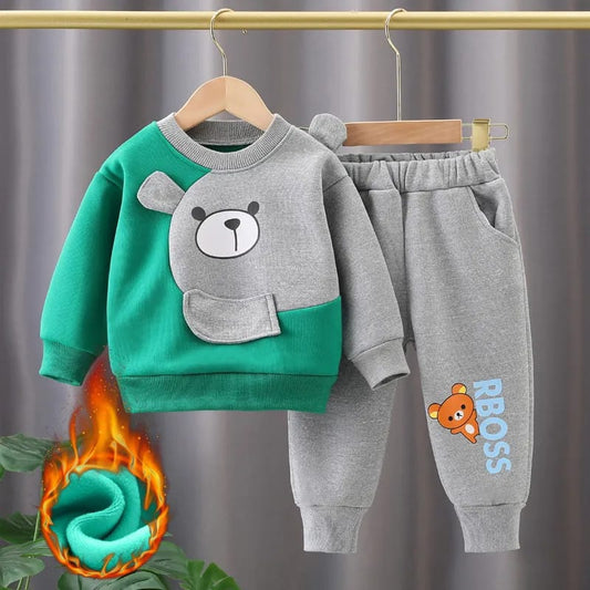 Green with Grey Bear Printed Sweatshirt with Grey Printed Trouser For Kids ( CN-KTS-008 )