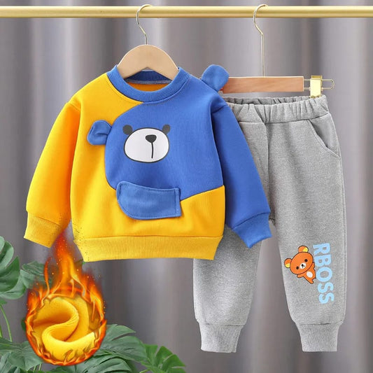 Yellow with Blue Bear Printed Sweatshirt with Grey Printed Trouser For Kids ( CN-KTS-007 )