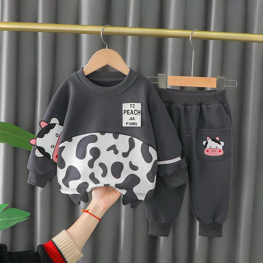 Black & White Cow Printed Sweatshirt with Black Printed Trouser For Kids ( CN-KTS-003 )