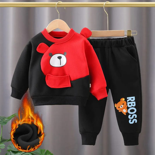 Black with Red Bear Printed Sweatshirt with Black Printed Trouser For Kids ( CN-KTS-009 )