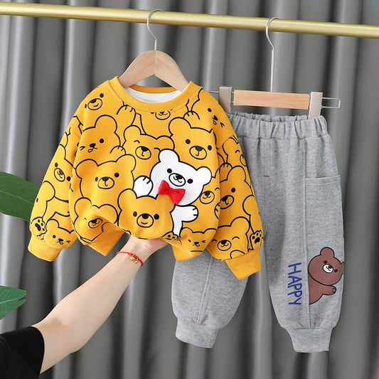 Yellow Bears with White Bear Printed SweatShirt with Grey Printed Trouser For Kids ( CN-KTS-005 )