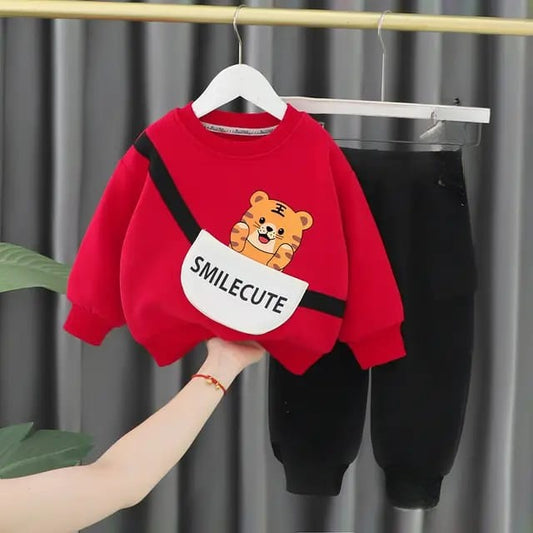 Red Tiger with Smile Cute Printed Sweatshirt & Black Trouser For Kids ( CN-KTS-013 )