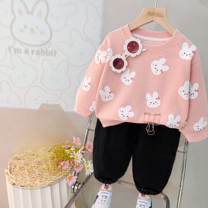 Baby Pink All Over Kitty Printed Sweatshirt & Black Trouser For Kids ( CN-KTS-017 )