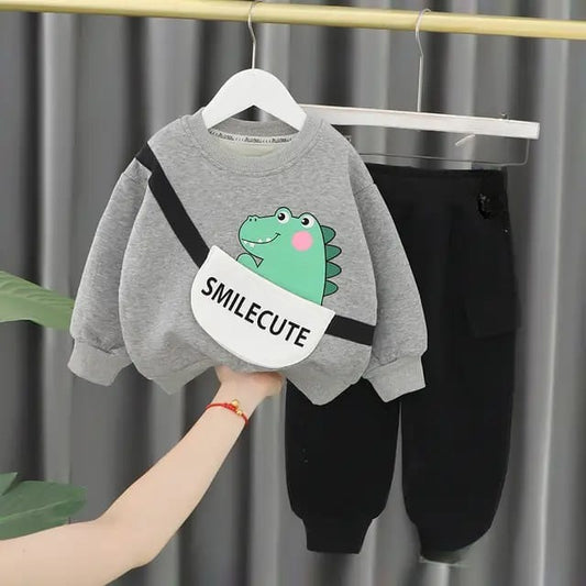 Grey Crocodile with Smile Cute Printed Sweatshirt & Black Trouser For Kids ( CN-KTS-012 )