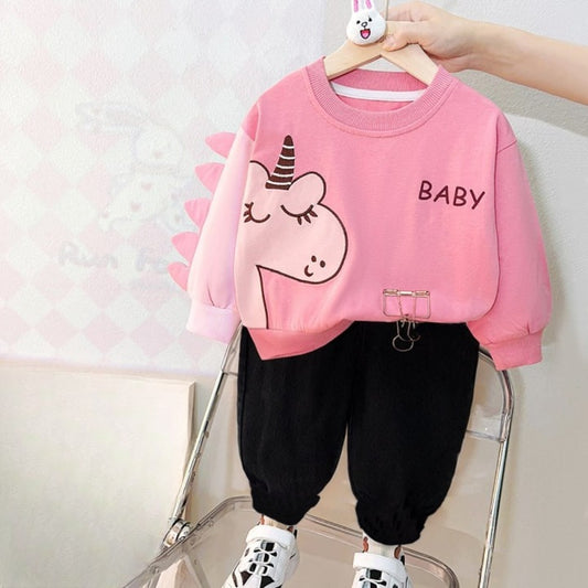 Baby Pink Unicorn Printed Sweatshirt & Black Trouser For Kids ( CN-KTS-015 )