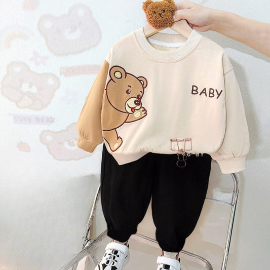 Off White Bear Printed Sweatshirt & Black Trouser For Kids ( CN-KTS-016 )