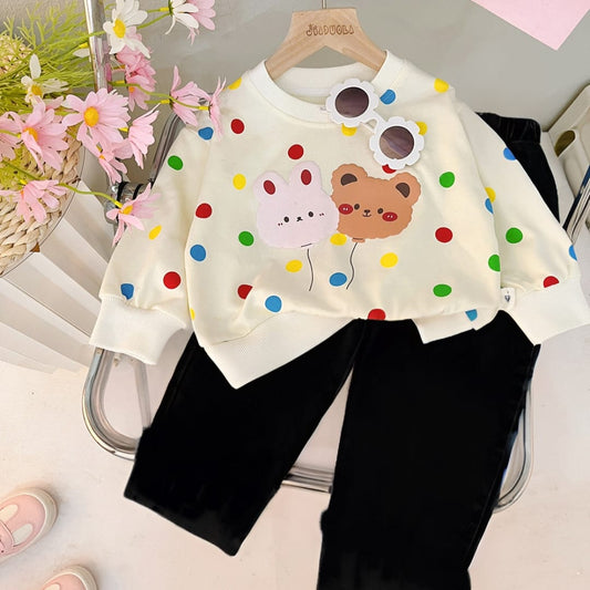 Multi Polka Dot Two Kitty Printed Sweatshirt & Black Trouser For Kids ( CN-KTS-011 )