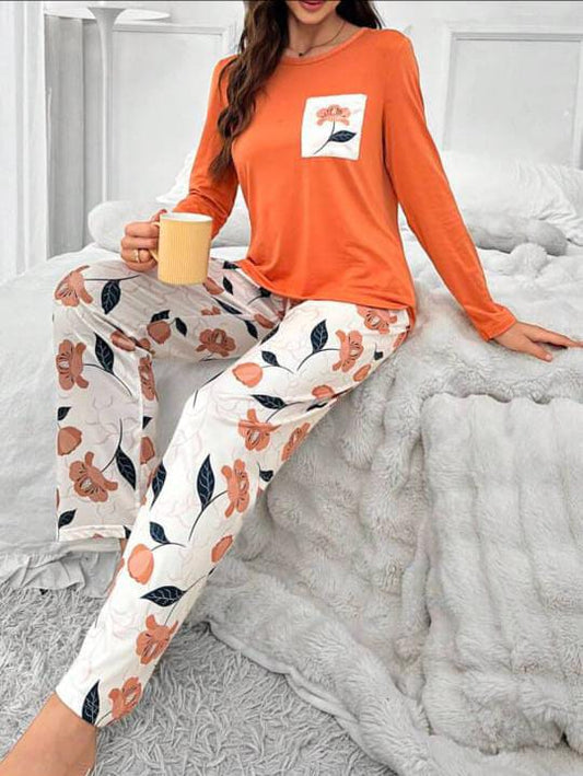Orange Floral Pocket Full Sleeve Printed T-Shirt with Floral Printed Pajama (CN-PNW-053)