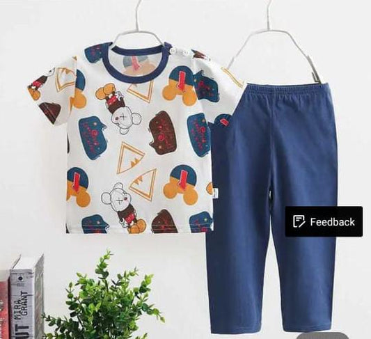 White Multi Bears with Blue Printed Half Sleeves Suti For Kids ( CN-KPS-037 )