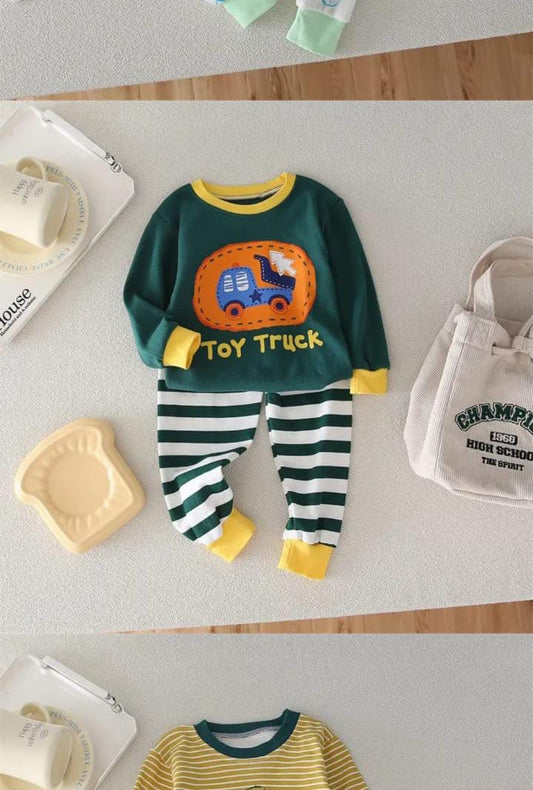 Dark Green Toy Tractor with White Printed Full Sleeves Suit For Kids ( CN-KPS-028 )