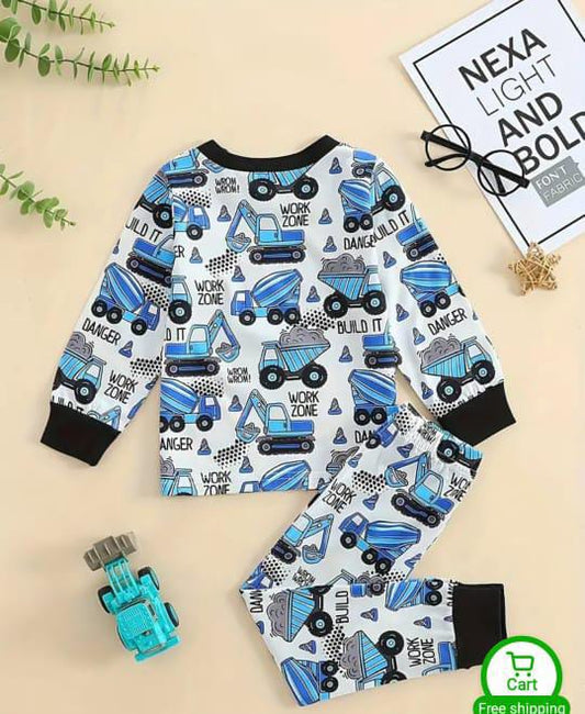 White Multi Blue Trucks with White Printed Full Sleeves Suit For Kids ( CN-KPS-031 )