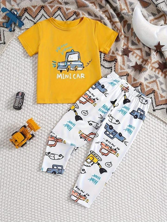 Yellow Mini Car with Car Printed Half Sleeves Suit For Kids ( CN-KPS-035 )
