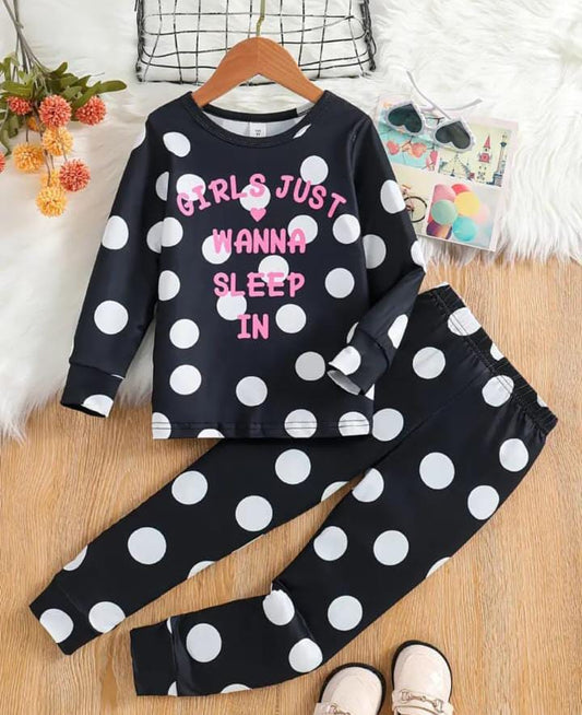 Black Wanna Sleep with Polka Dot Printed Full Sleeves Suit For Kids ( CN-KPS-034 )