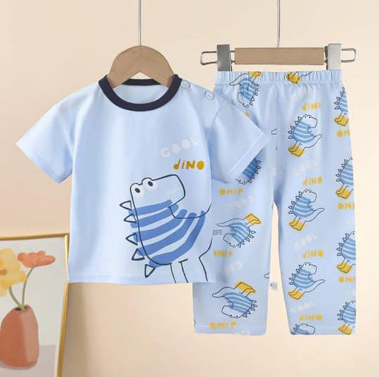 Ice Blue Cool Dino with Blue Printed Half Sleeves Suit For Kids ( CN-KPS-026 )
