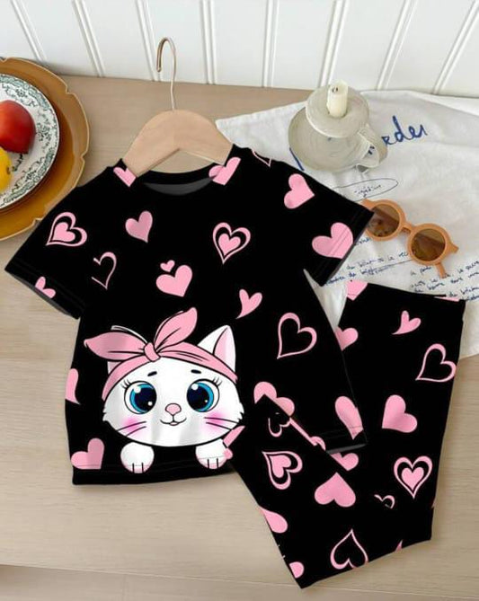 Black Kitty with Pink Hearts with Hearts Printed Half Sleeve Suit For Kids ( CN-KPS-036 )