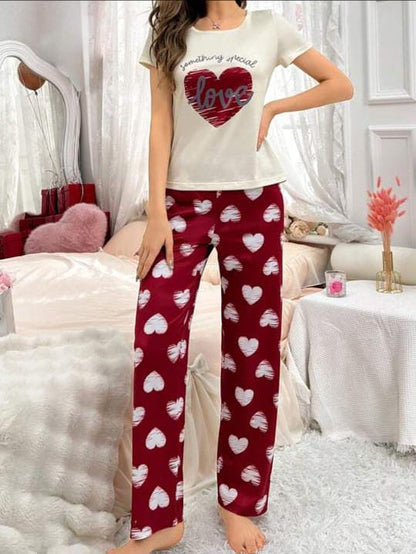Off White Heart Printed Half Sleeves T-Shirt with Maroon Hearts Printed Pajama (CN-PNW-052)