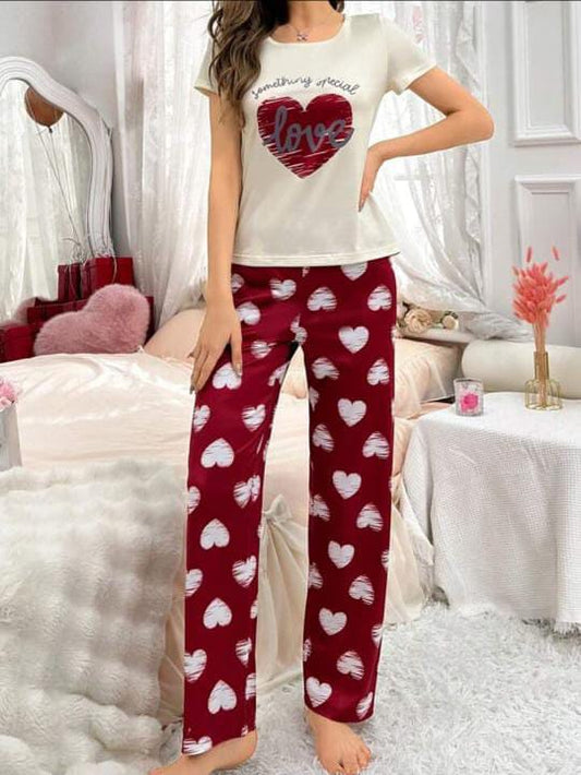 Off White Heart Printed Half Sleeves T-Shirt with Maroon Hearts Printed Pajama (CN-PNW-052)