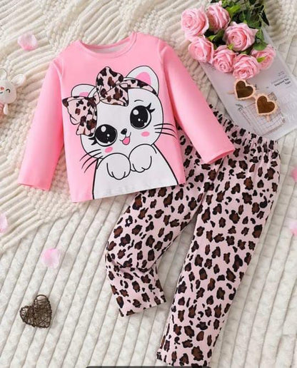 Pink Cute Kitty with Cheetah Printed Full Sleeves Suit For Kids ( CN-KPS-024 )