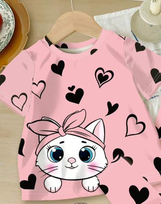 Baby Pink Kitty with Black Hearts Printed Half Sleeves Suit For Kids ( CN-KPS-025 )