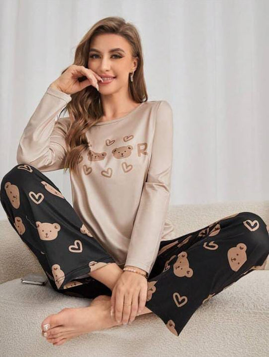 Off White Bear Printed Full Sleeves T-Shirt with Black Bear Printed Pajama (CN-PNW-051)