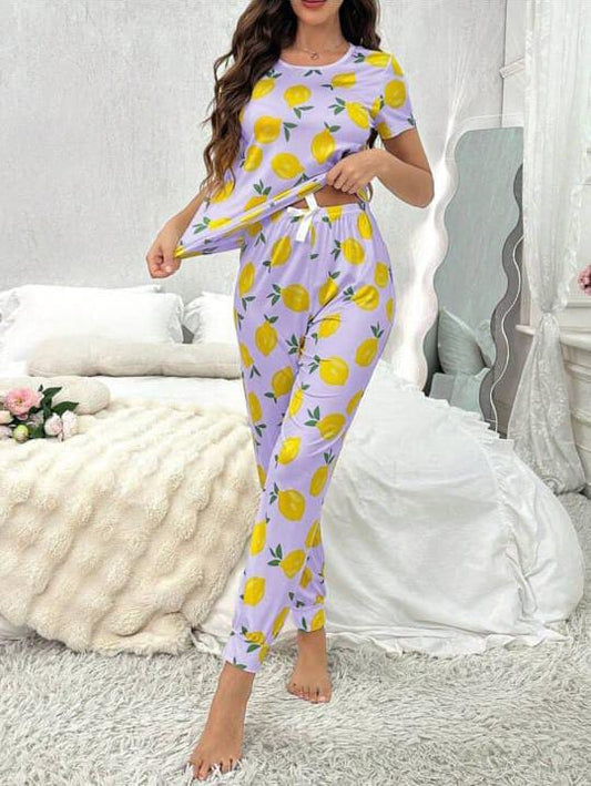 Purple Lemons Printed Half Sleeves T-Shirt with Lemons Printed Pajama (CN-PNW-054)