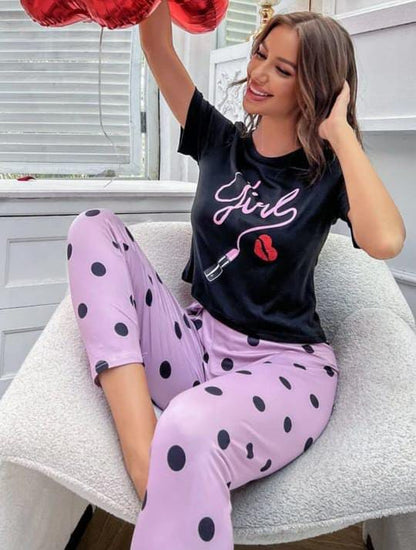 Black Girl Printed Half Sleeves with Lilac Polka Dot Printed Pajama (CN-PNW-045)